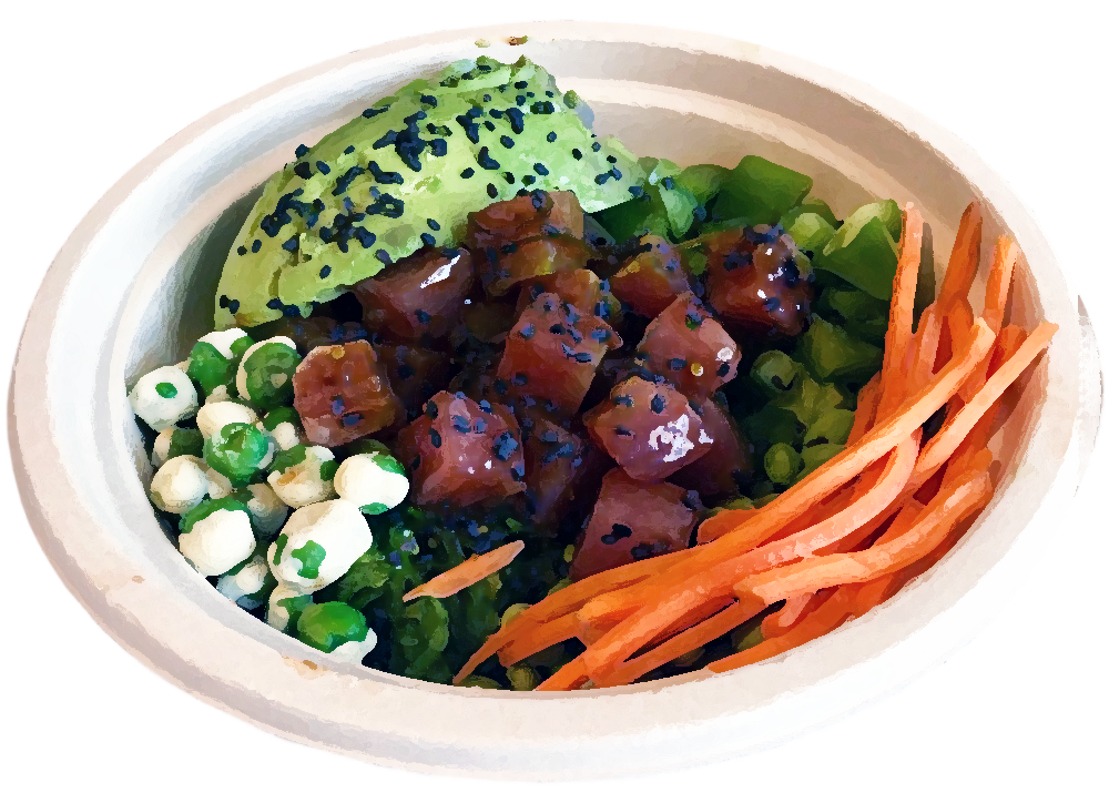image of a poke bowl with fish, avocado, raw veggies